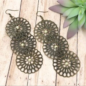 🍀 Burnished Gold 3 Disk Long Earrings